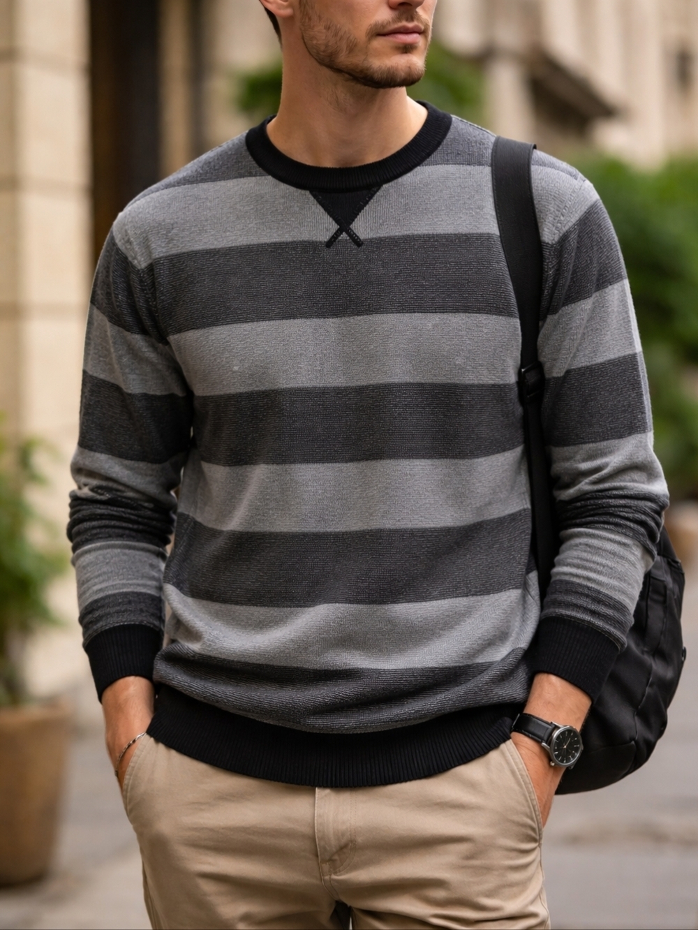 Fredrik Andersson Striped Sweater Mens M Gray Black Cotton Crewneck Minimalist